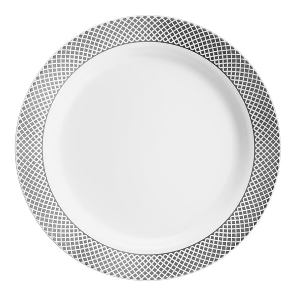 A white plastic plate with a silver lattice design around the rim.