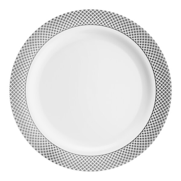 A white plastic plate with a silver lattice design around the rim.