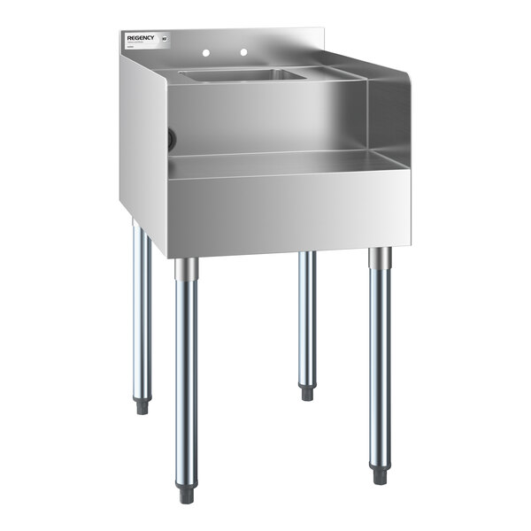 A stainless steel station with four legs, a raised backsplash, and a small integrated sink.