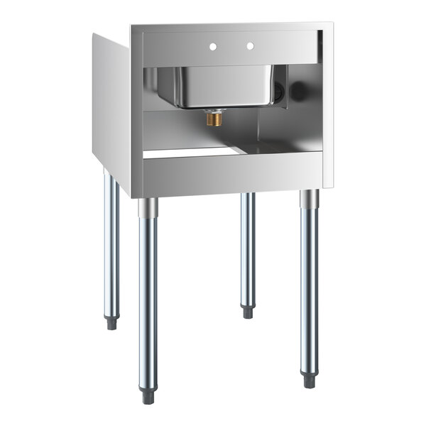 A stainless steel station with four legs, an upper compartment containing a small sink, and an open lower shelf.