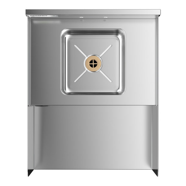 A stainless steel station with a square sink basin and a drain in the center, viewed from above.