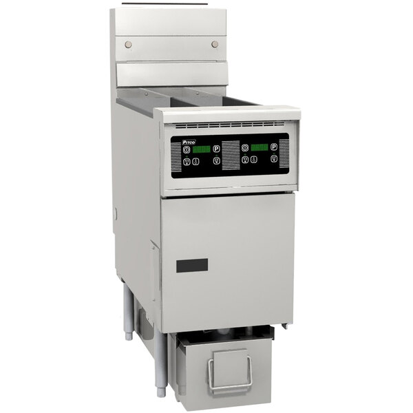 A white Pitco Solstice gas fryer with black digital controls.