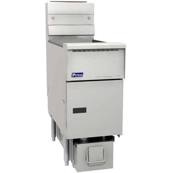 A large white Pitco Solstice floor gas fryer with a drawer.