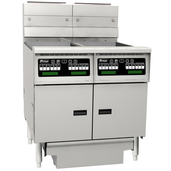 A large white Pitco Solstice liquid propane floor fryer system with black and white buttons.