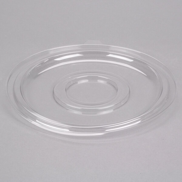 A clear plastic lid with a circular rim on a white background.
