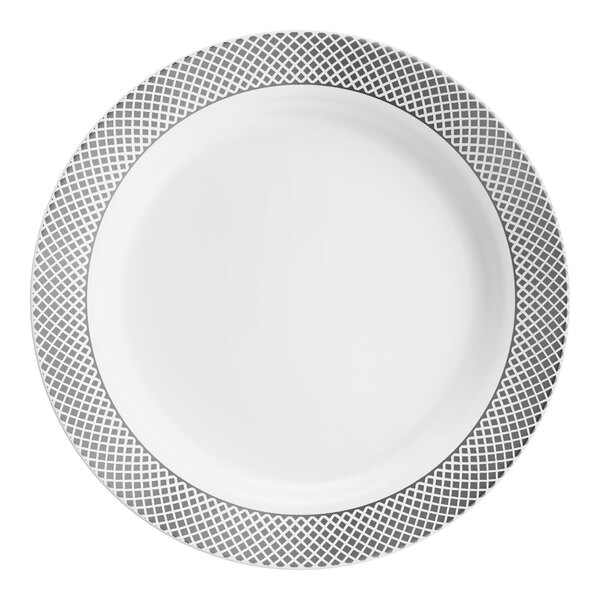 A white plastic plate with a silver lattice design around the rim.
