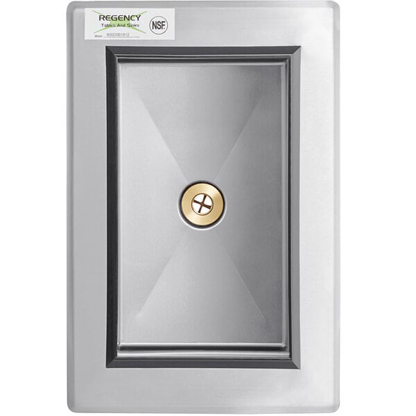 A silver rectangular Regency stainless steel ice bin with a gold circle.