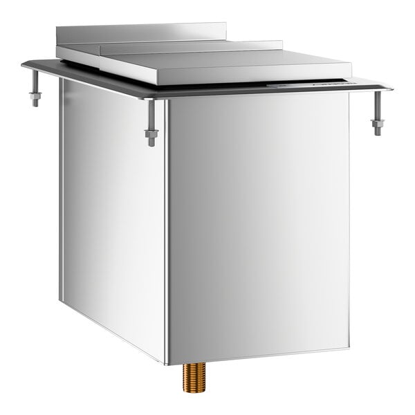 A stainless steel drop-in ice bin with a sliding lid designed for commercial use.