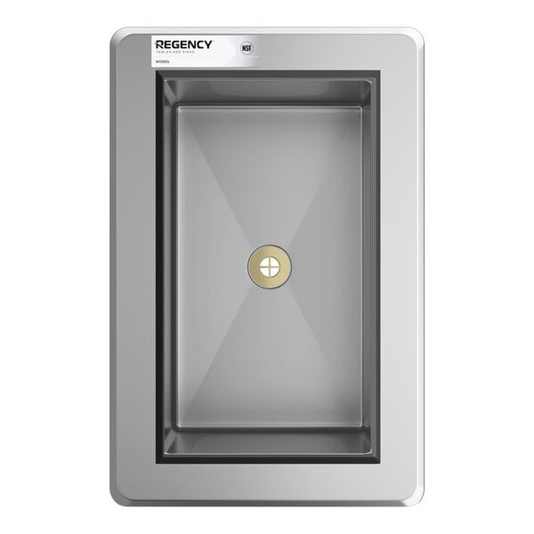 A rectangular stainless steel drop-in ice bin with a sliding lid and central drain.