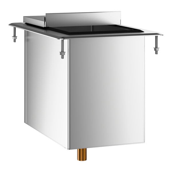An 18 inch by 12 inch stainless steel drop-in ice bin with a sliding lid and a 20 lb. capacity.