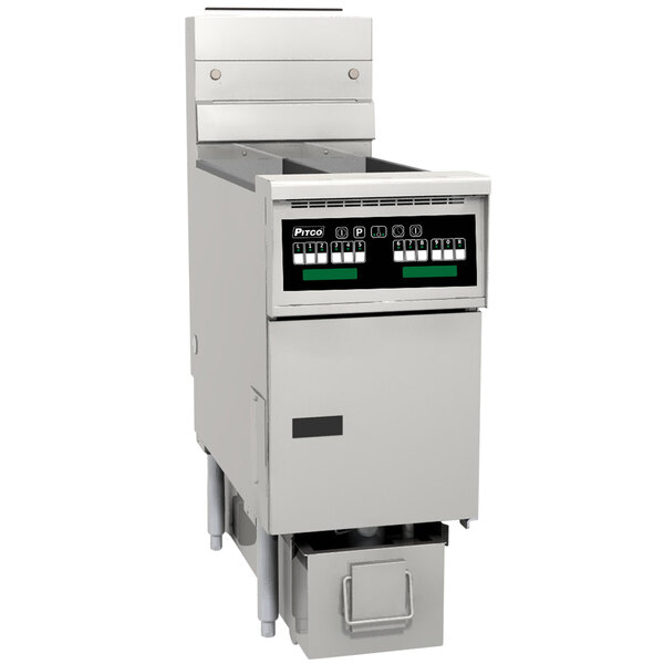 A Pitco Solstice gas floor fryer with black panel and screen.