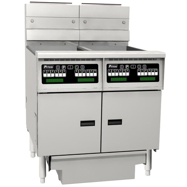 A large Pitco natural gas floor fryer system with two fryer units, black and white buttons, and a filter drawer.