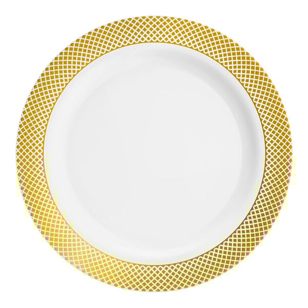 A white plastic plate with a gold lattice design around the rim.