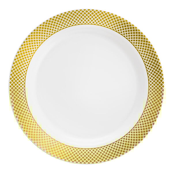 A white plastic plate with a gold lattice design around the rim.