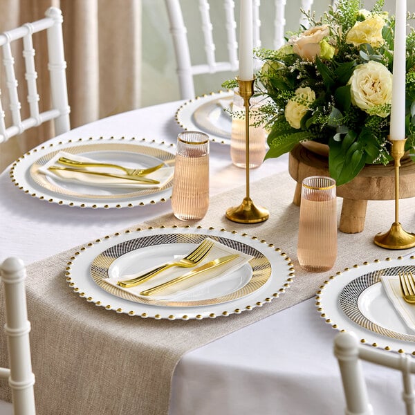 Visions Lattice 10" White Plastic Plate with Gold Lattice Design - 120/Case
