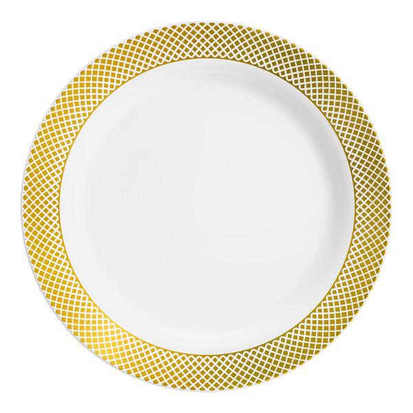A white plastic plate with a gold lattice design around the rim.