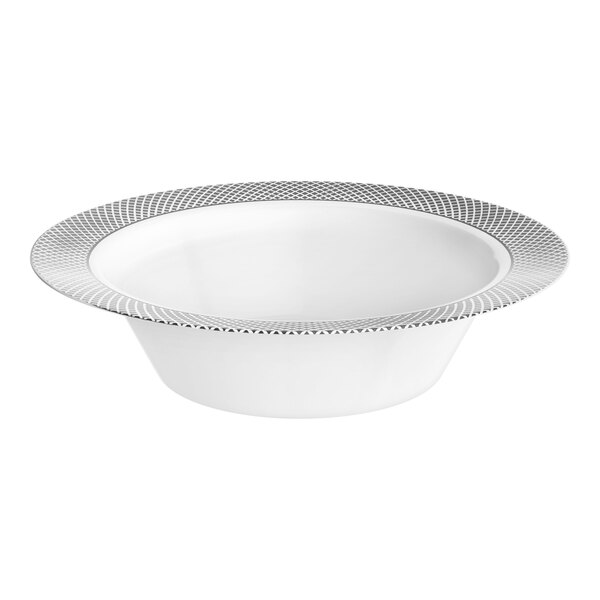 Visions Lattice 12 oz. White Bowl with Silver Lattice Design - 15/Sample