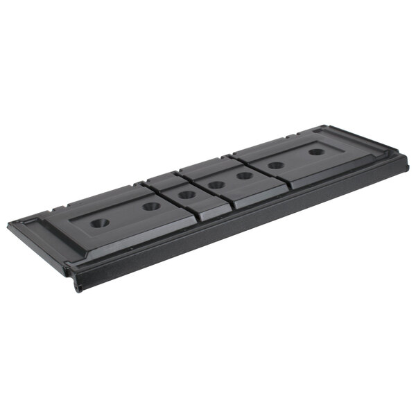 A black plastic rectangular tray with holes on it.