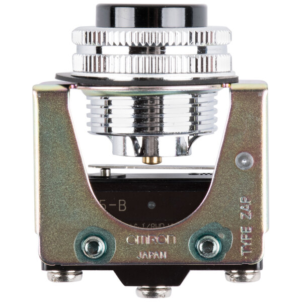A black and silver Hoshizaki round push button switch.