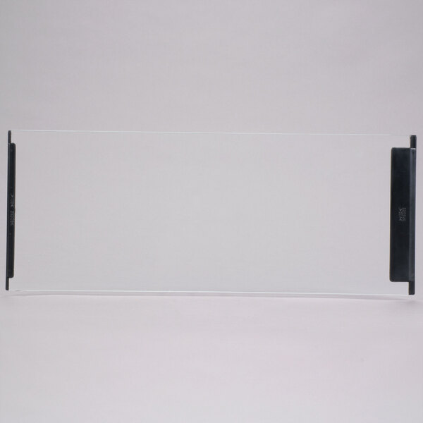 A clear rectangular glass panel with a black border and handle.