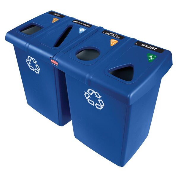 A blue Rubbermaid recycling station with a blue and white logo.
