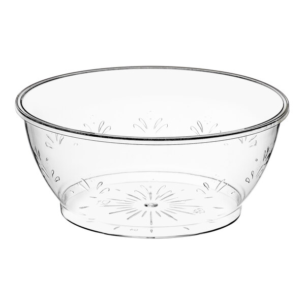 A clear plastic bowl with a design on it.