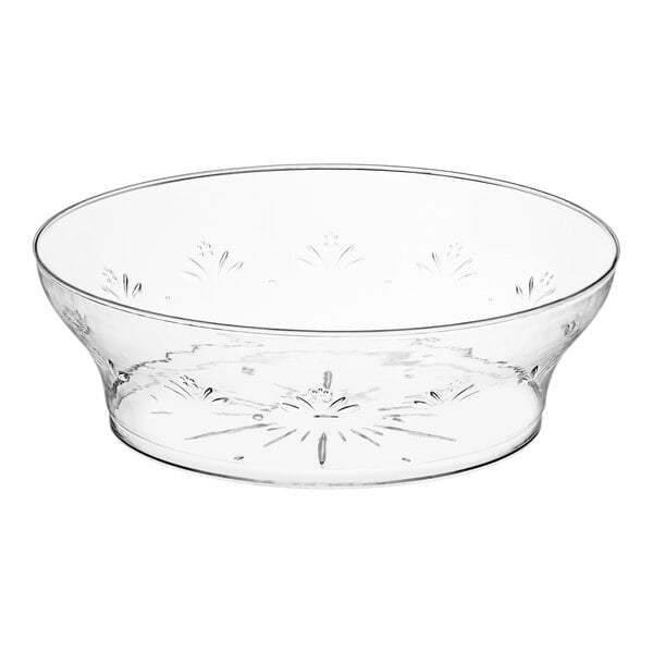 A clear plastic Choice Crystal bowl with a star design on it.