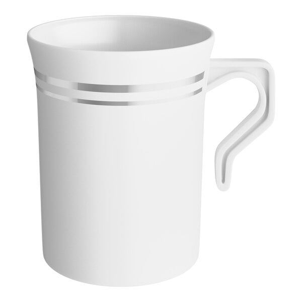 A white plastic coffee mug with two silver bands near the rim and a geometric handle.