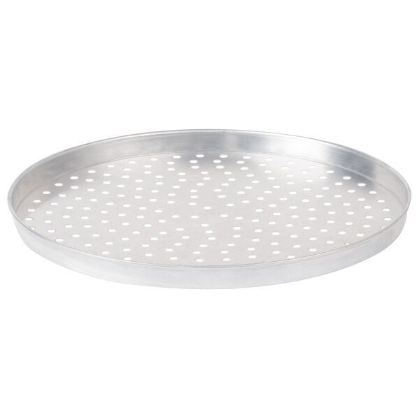 An American Metalcraft aluminum pizza pan with holes.