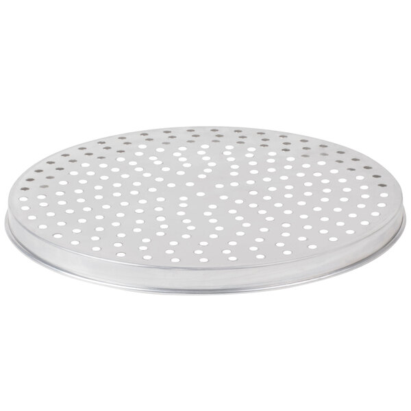 An American Metalcraft round silver metal pizza pan with holes.