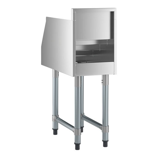 A five-tiered stainless steel liquor display rack with four metal legs and a 23-inch deep design.