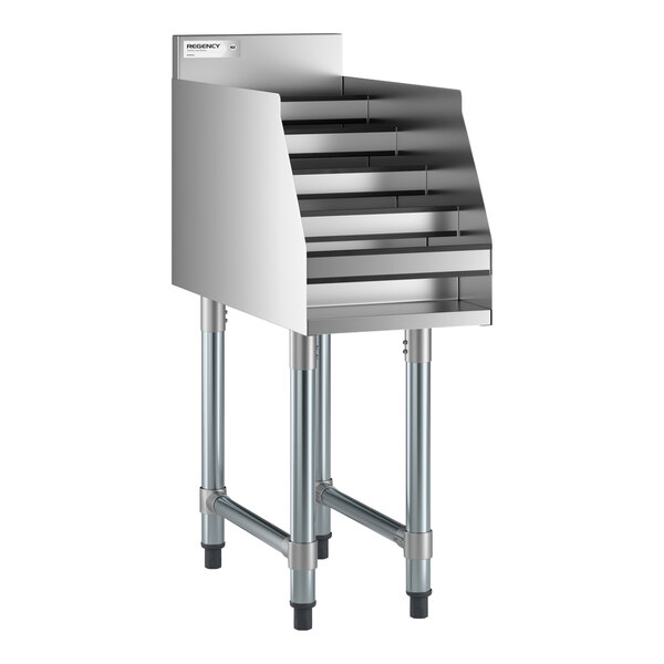 A five-tiered stainless steel rack with side panels and four sturdy legs, designed for displaying bottles or items.