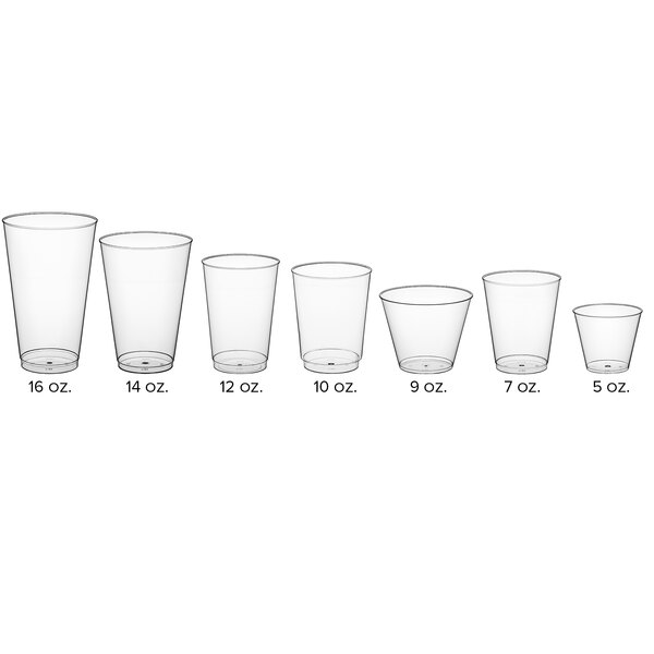 A row of clear plastic Choice tumbler cups.