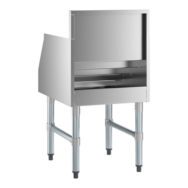 A five-tiered stainless steel liquor display rack with four legs and a 23-inch depth.
