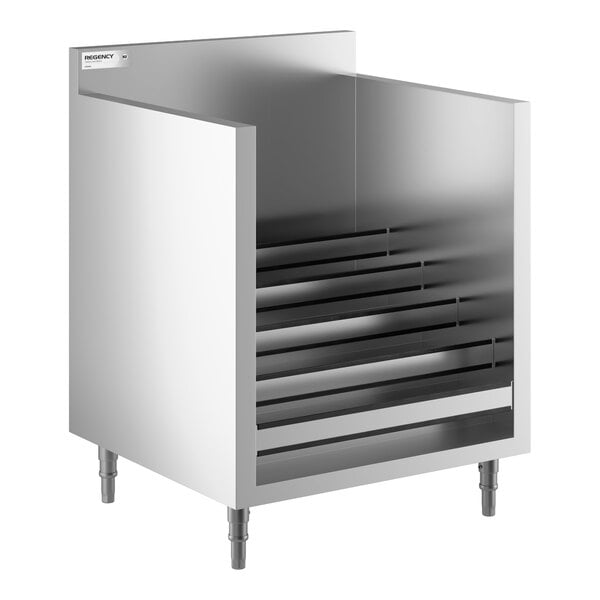 A stainless steel cabinet with five horizontal tiers and four legs, designed for display or storage.