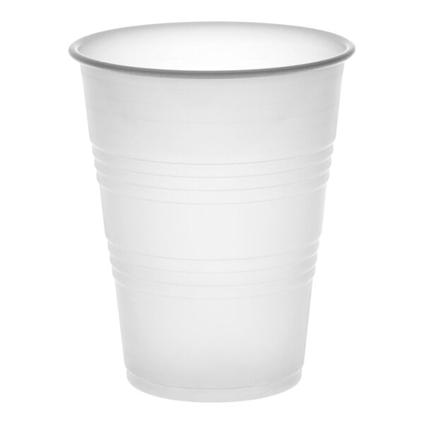 A Dart translucent plastic cold cup with a grey rim on a white background.