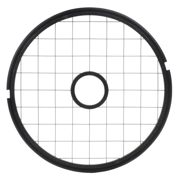 A black circular grid with holes on a white background.