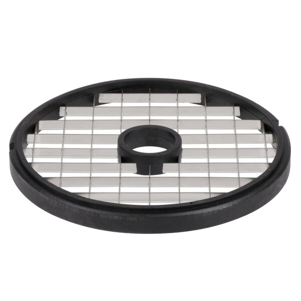 A circular metal grid with 1/2" holes.