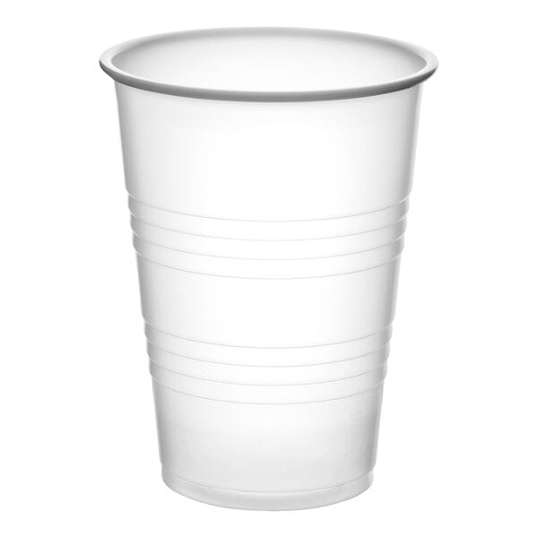 A translucent plastic cup with a slightly flared rim and horizontal ridges around the middle.