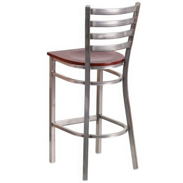 A Clear-Coated metal restaurant barstool with a mahogany wood seat.