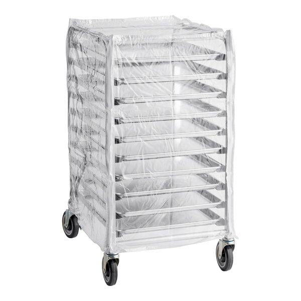A metal sheet pan rack with ten shelves, covered by a clear plastic cover and equipped with four caster wheels.
