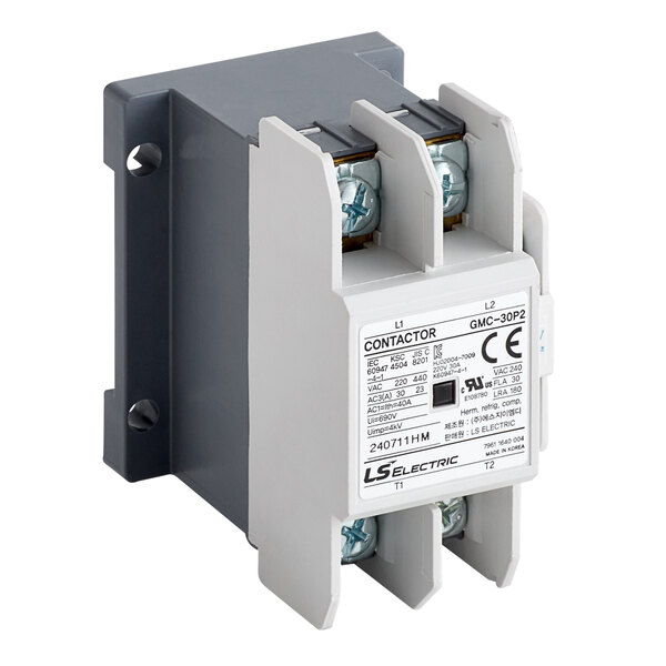 A grey and white Turbo Air contactor with three terminals.