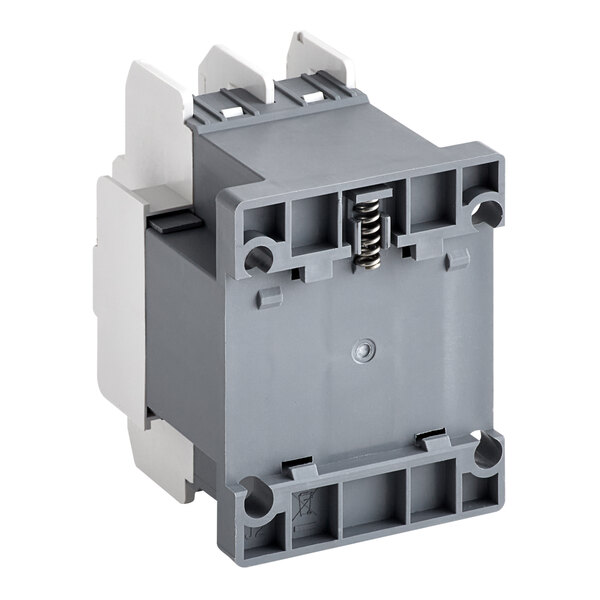 A grey and white Turbo Air contactor with two terminals and two screws.