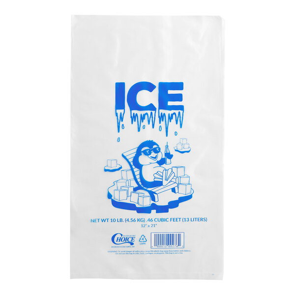 A clear plastic ice bag with blue 'ICE' lettering and a cartoon character lounging on ice cubes, designed to hold 10 pounds of ice.