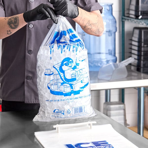 Choice 20 lb. Clear Wicketed Ice Bag with Ice Print - 500/Case