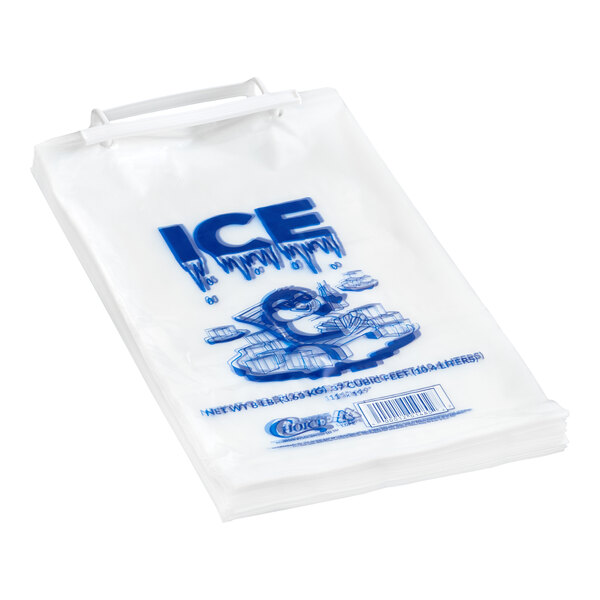 A stack of clear plastic wicketed ice bags with blue ice-themed print and a handle.
