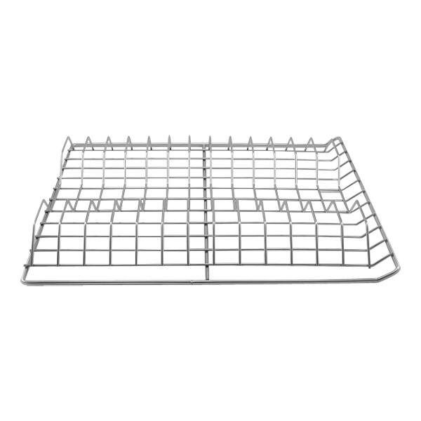 A metal rack with many square holes for ribs on a white background.