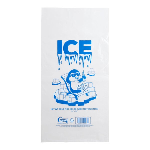 A clear plastic ice bag with blue 'ICE' text and a cartoon penguin design, intended for holding 20 pounds of ice.