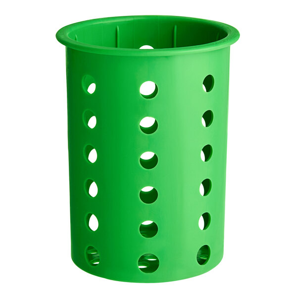 A lime green perforated plastic flatware cylinder.