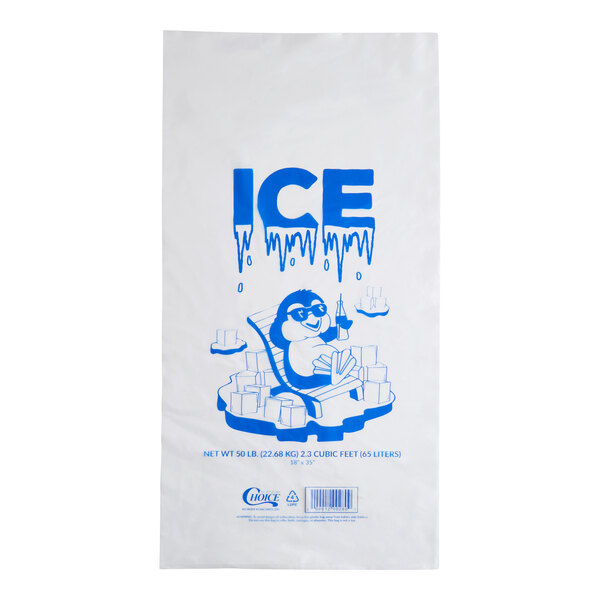 A clear plastic ice bag with a blue 'ICE' print and a cartoon penguin design, designed to hold up to 50 pounds.